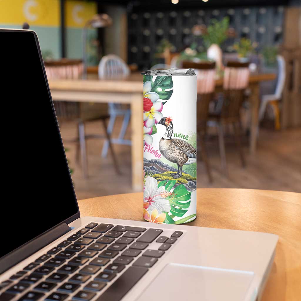 Aloha Hawaii Nene Goose Skinny Tumbler Tropical Flowers Watercolor Stylized - Polynesian Pride