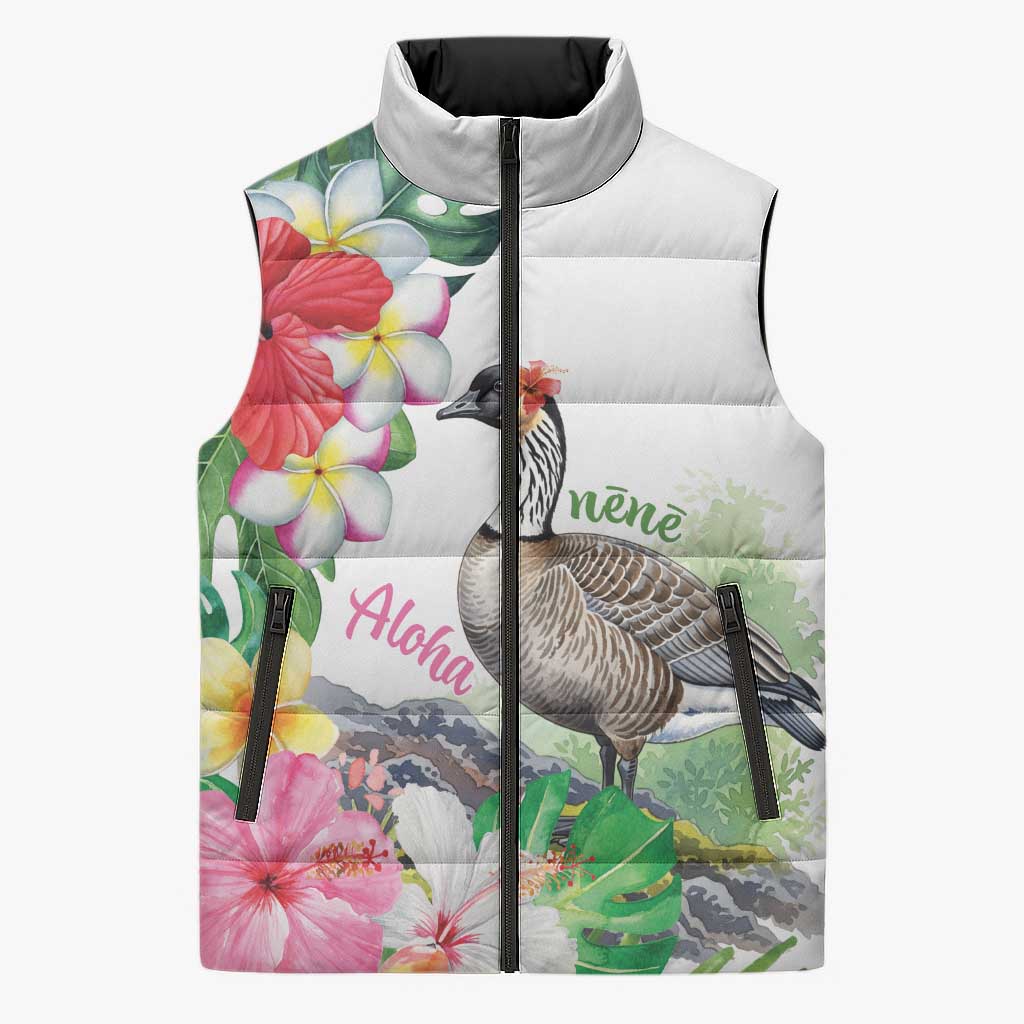 Aloha Hawaii Nene Goose Sleeveless Puffer Jacket Tropical Flowers Watercolor Stylized - Polynesian Pride