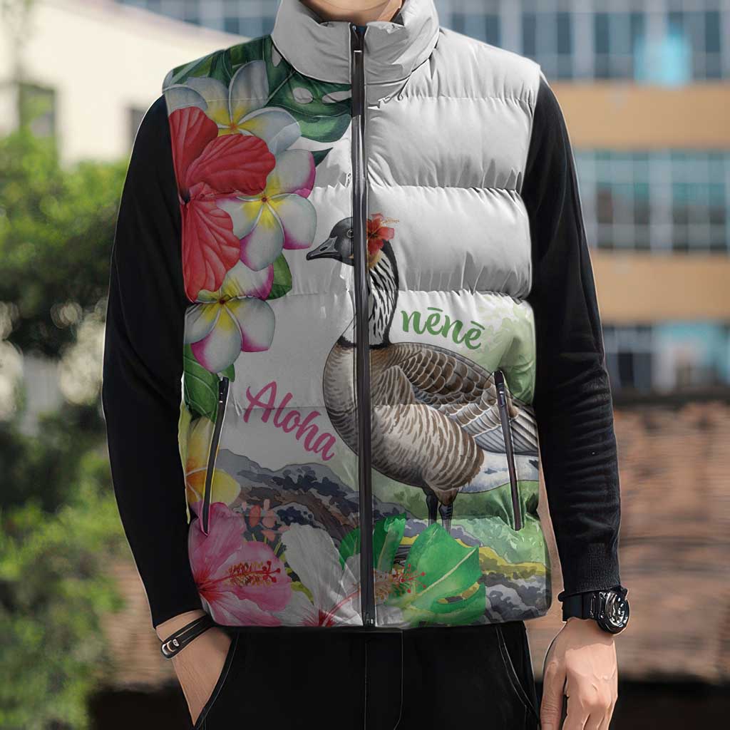 Aloha Hawaii Nene Goose Sleeveless Puffer Jacket Tropical Flowers Watercolor Stylized - Polynesian Pride