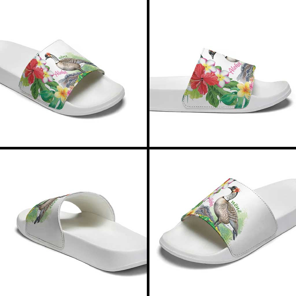 Aloha Hawaii Nene Goose Slide Sandals Tropical Flowers Watercolor Stylized - Polynesian Pride