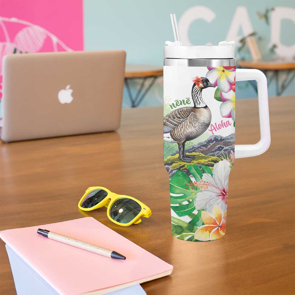 Aloha Hawaii Nene Goose Tumbler With Handle Tropical Flowers Watercolor Stylized - Polynesian Pride