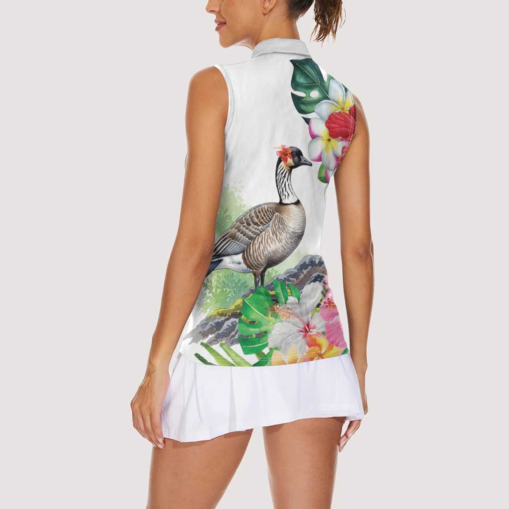 Aloha Hawaii Nene Goose Women Sleeveless Polo Shirt Tropical Flowers Watercolor Stylized - Polynesian Pride