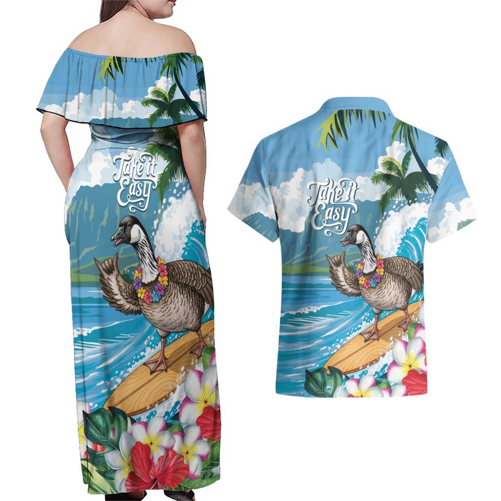 Aloha Hawaii Shaka Nene Goose Couples Matching Off Shoulder Maxi Dress and Hawaiian Shirt Surfing Take It Easy - Polynesian Pride