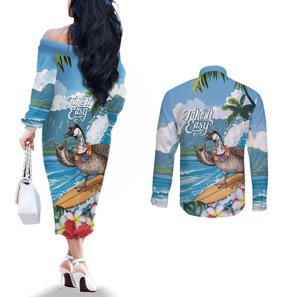 Aloha Hawaii Shaka Nene Goose Couples Matching Off The Shoulder Long Sleeve Dress and Long Sleeve Button Shirt Surfing Take It Easy - Polynesian Pride