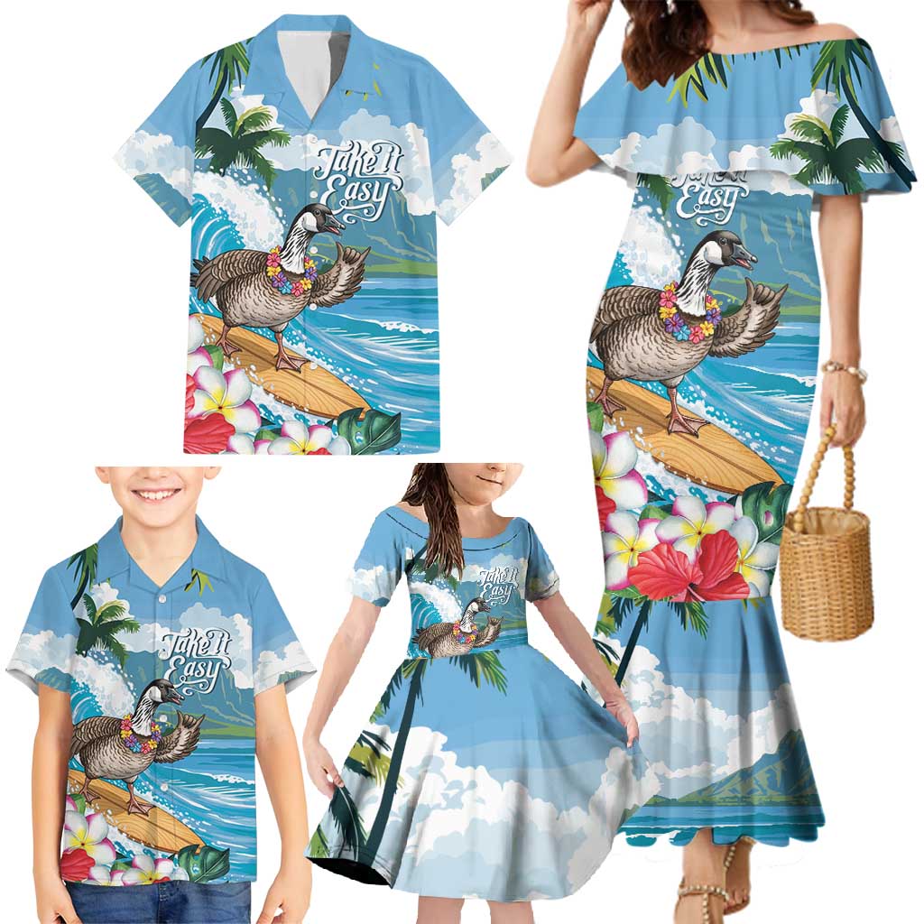 Aloha Hawaii Shaka Nene Goose Family Matching Mermaid Dress and Hawaiian Shirt Surfing Take It Easy - Polynesian Pride