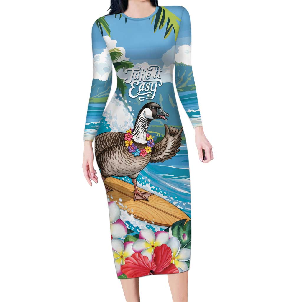 Aloha Hawaii Shaka Nene Goose Long Sleeve Bodycon Dress Surfing Take It Easy - Polynesian Pride