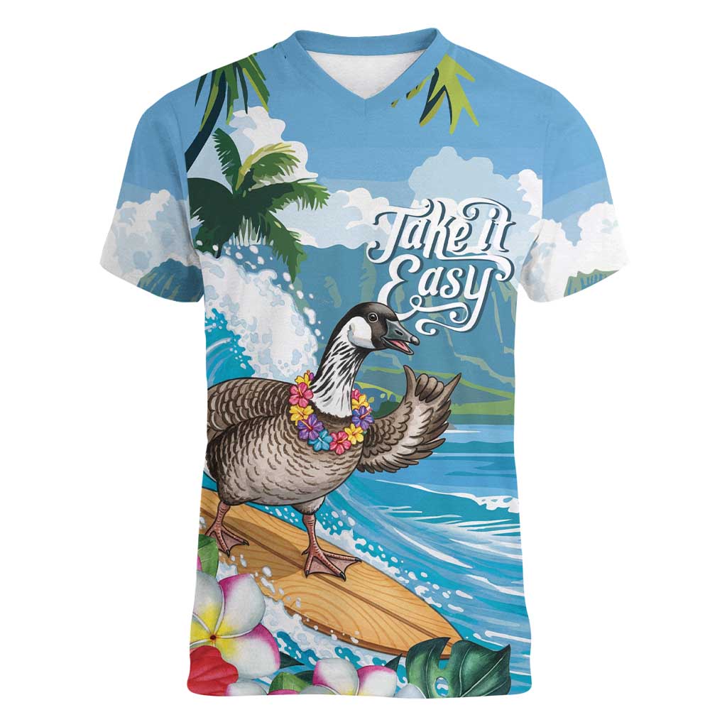 Aloha Hawaii Shaka Nene Goose Women V-Neck T-Shirt Surfing Take It Easy LT14 Female Blue - Polynesian Pride