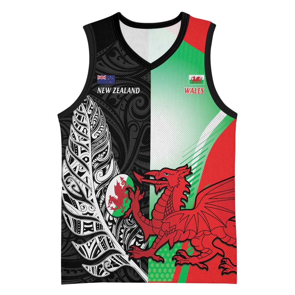 New Zealand and Wales Rugby Custom Basketball Jersey Aotearoa All Black Combine Welsh Dragon - Polynesian Pride