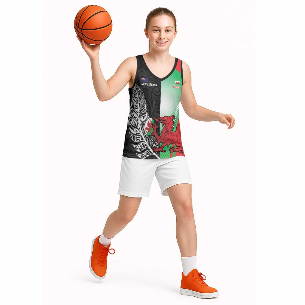 New Zealand and Wales Rugby Custom Basketball Jersey Aotearoa All Black Combine Welsh Dragon - Polynesian Pride