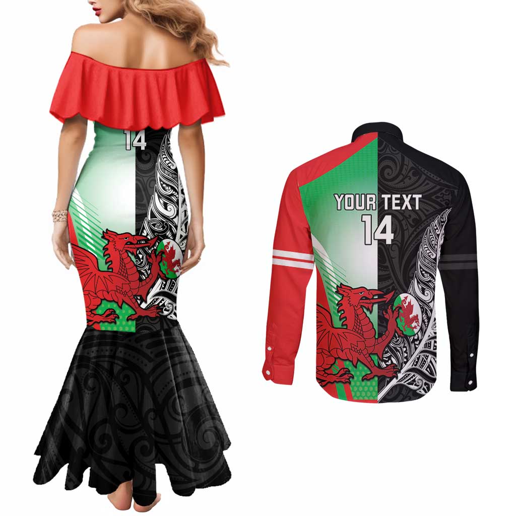 New Zealand and Wales Rugby Custom Couples Matching Mermaid Dress and Long Sleeve Button Shirt Aotearoa All Black Combine Welsh Dragon - Polynesian Pride