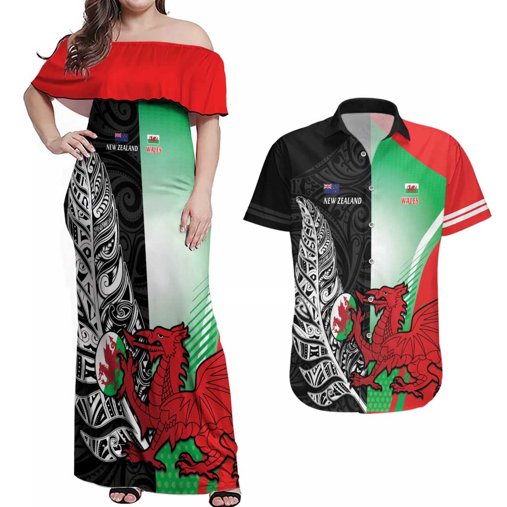 New Zealand and Wales Rugby Custom Couples Matching Off Shoulder Maxi Dress and Hawaiian Shirt Aotearoa All Black Combine Welsh Dragon - Polynesian Pride