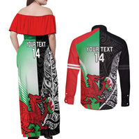 New Zealand and Wales Rugby Custom Couples Matching Off Shoulder Maxi Dress and Long Sleeve Button Shirt Aotearoa All Black Combine Welsh Dragon - Polynesian Pride