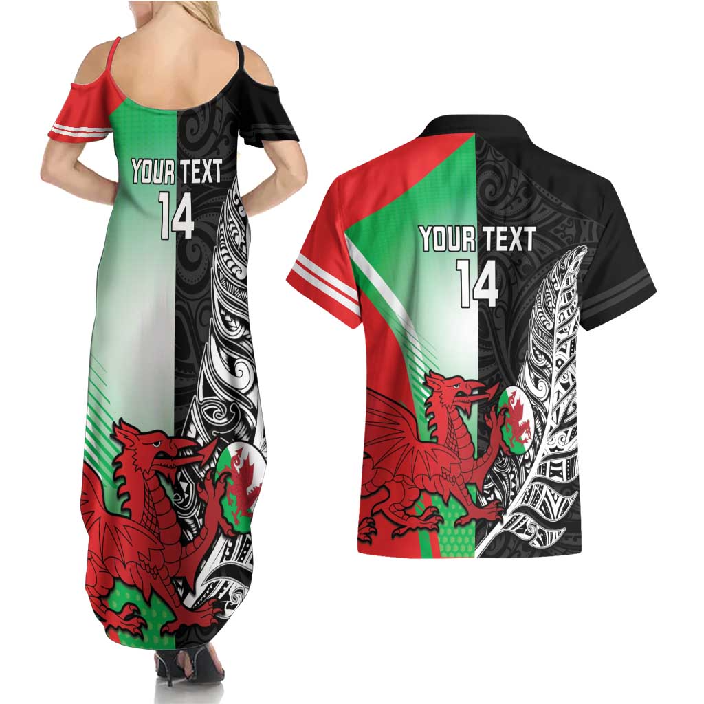 New Zealand and Wales Rugby Custom Couples Matching Summer Maxi Dress and Hawaiian Shirt Aotearoa All Black Combine Welsh Dragon - Polynesian Pride