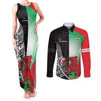 New Zealand and Wales Rugby Custom Couples Matching Tank Maxi Dress and Long Sleeve Button Shirt Aotearoa All Black Combine Welsh Dragon - Polynesian Pride