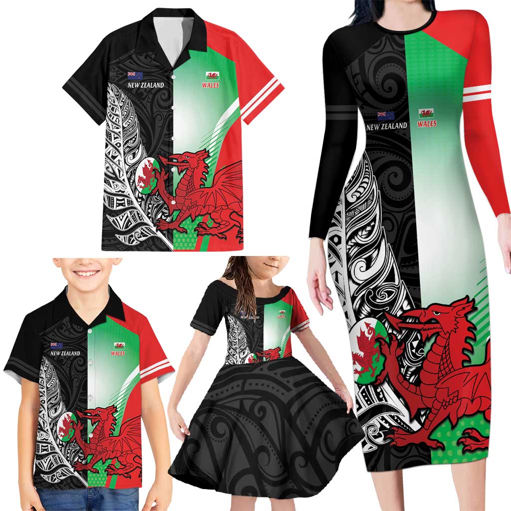 New Zealand and Wales Rugby Custom Family Matching Long Sleeve Bodycon Dress and Hawaiian Shirt Aotearoa All Black Combine Welsh Dragon - Polynesian Pride