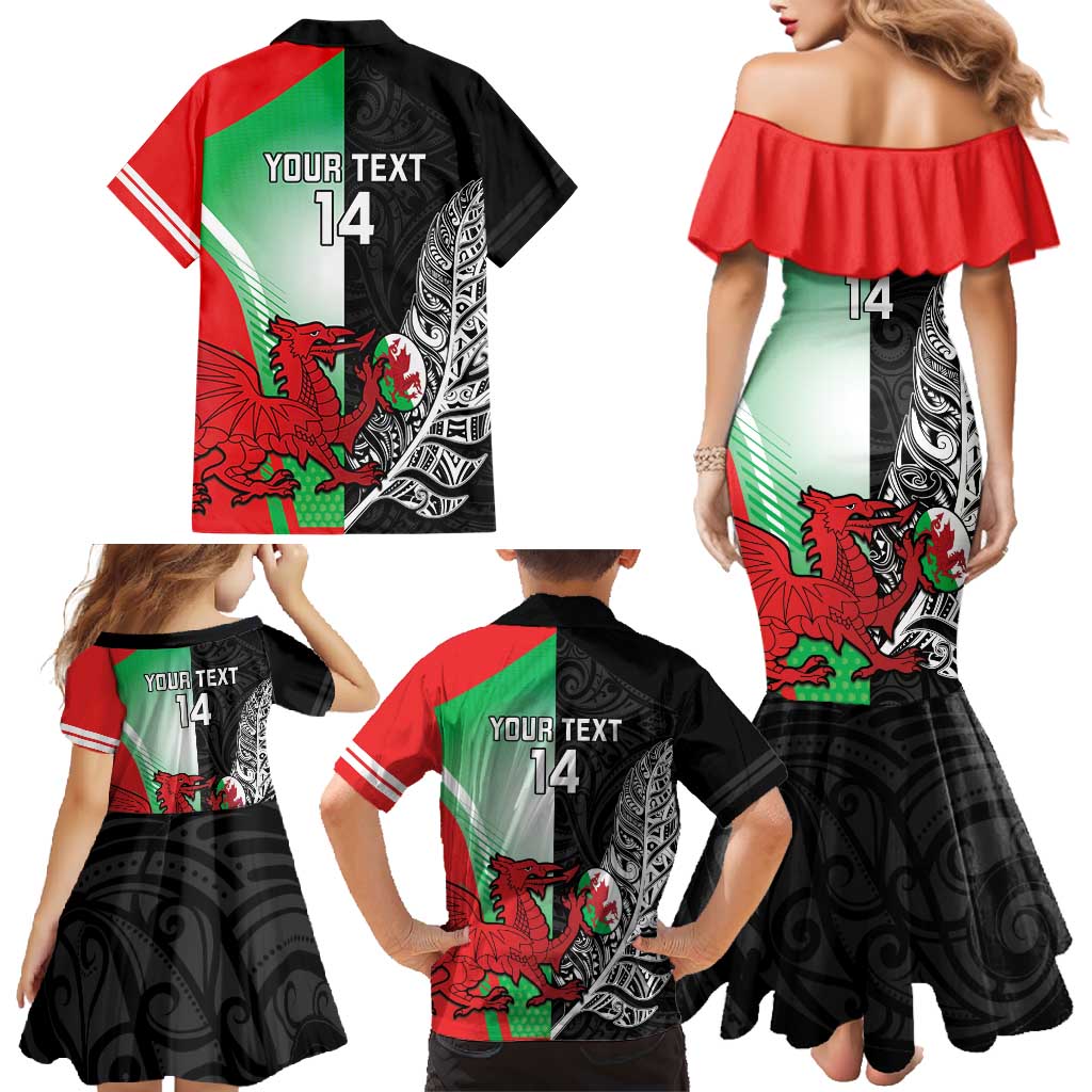 New Zealand and Wales Rugby Custom Family Matching Mermaid Dress and Hawaiian Shirt Aotearoa All Black Combine Welsh Dragon - Polynesian Pride