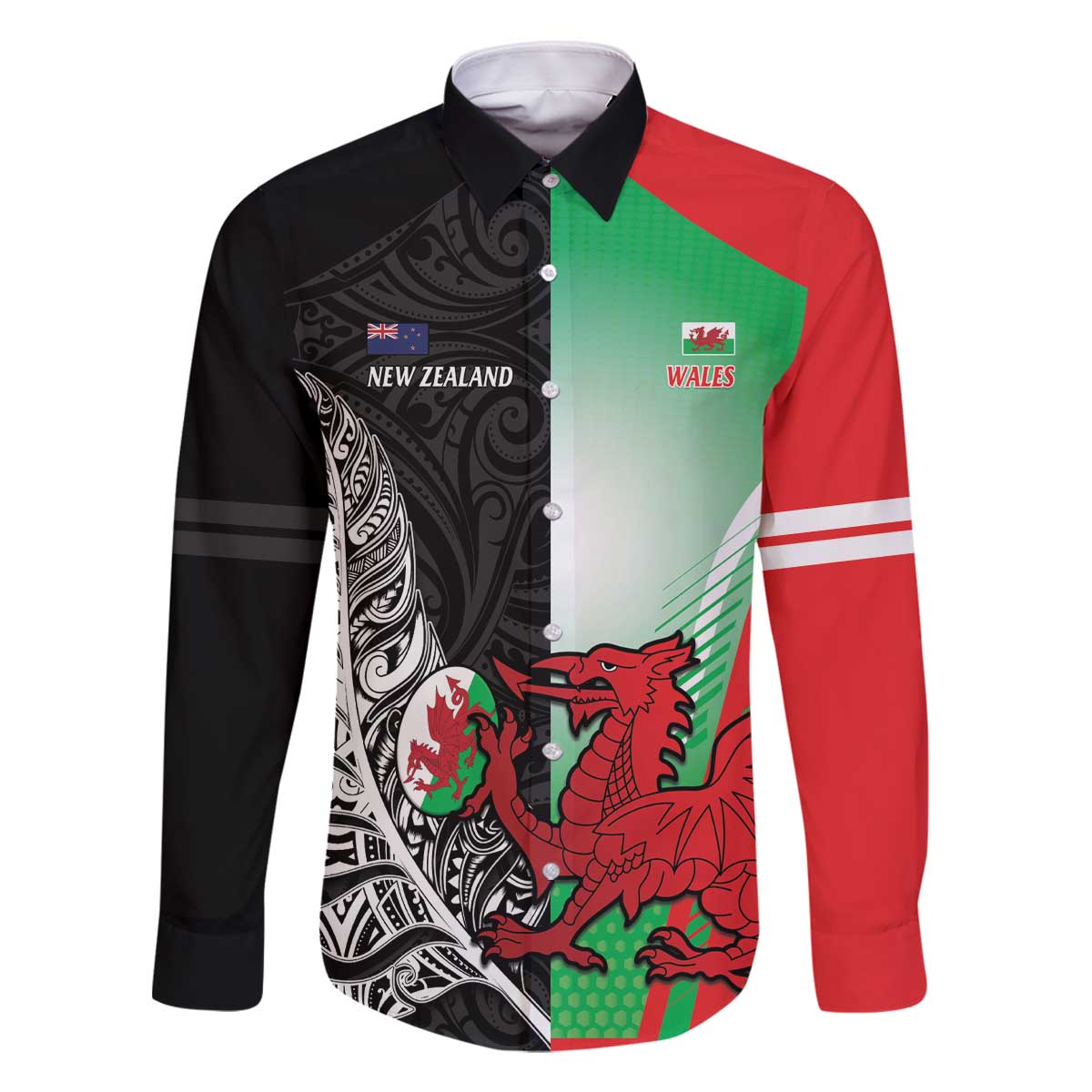 New Zealand and Wales Rugby Custom Family Matching Off The Shoulder Long Sleeve Dress and Hawaiian Shirt Aotearoa All Black Combine Welsh Dragon - Polynesian Pride