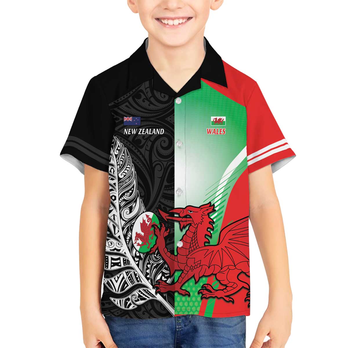 New Zealand and Wales Rugby Custom Family Matching Off The Shoulder Long Sleeve Dress and Hawaiian Shirt Aotearoa All Black Combine Welsh Dragon - Polynesian Pride