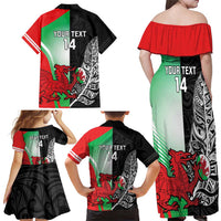 New Zealand and Wales Rugby Custom Family Matching Off Shoulder Maxi Dress and Hawaiian Shirt Aotearoa All Black Combine Welsh Dragon - Polynesian Pride