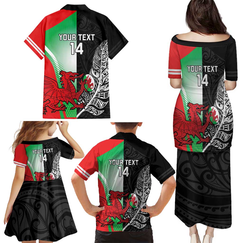 New Zealand and Wales Rugby Custom Family Matching Puletasi and Hawaiian Shirt Aotearoa All Black Combine Welsh Dragon - Polynesian Pride