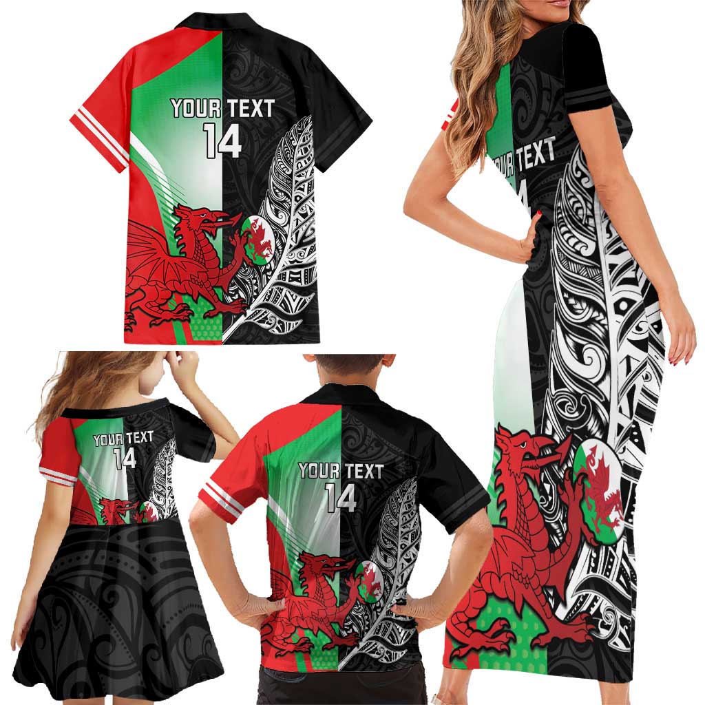 New Zealand and Wales Rugby Custom Family Matching Short Sleeve Bodycon Dress and Hawaiian Shirt Aotearoa All Black Combine Welsh Dragon - Polynesian Pride
