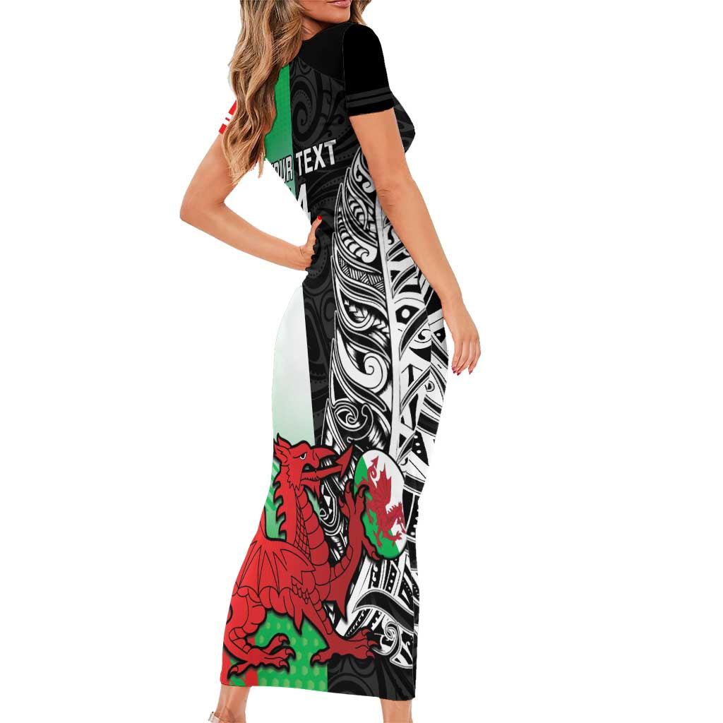 New Zealand and Wales Rugby Custom Family Matching Short Sleeve Bodycon Dress and Hawaiian Shirt Aotearoa All Black Combine Welsh Dragon - Polynesian Pride