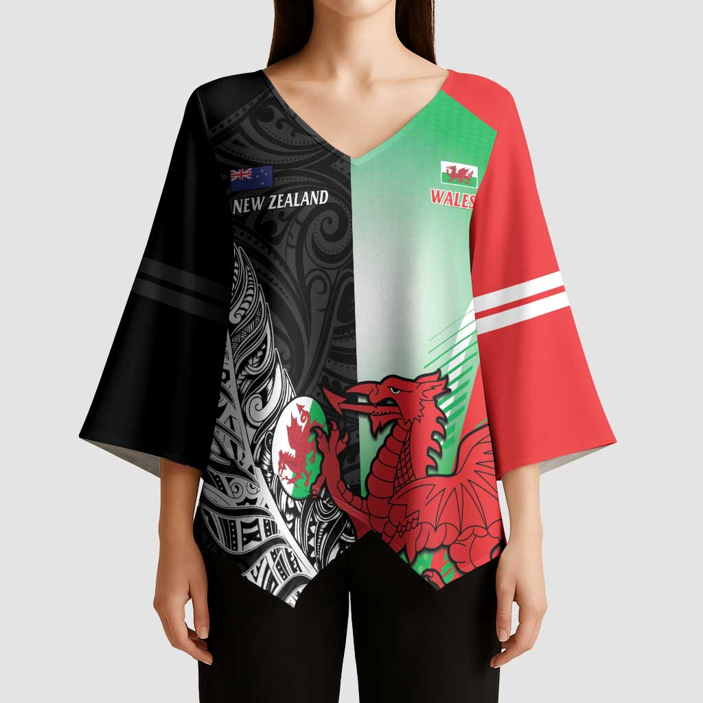New Zealand and Wales Rugby Custom Kimono Sleeve Blouse Aotearoa All Black Combine Welsh Dragon - Polynesian Pride
