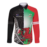 New Zealand and Wales Rugby Custom Long Sleeve Button Shirt Aotearoa All Black Combine Welsh Dragon - Polynesian Pride