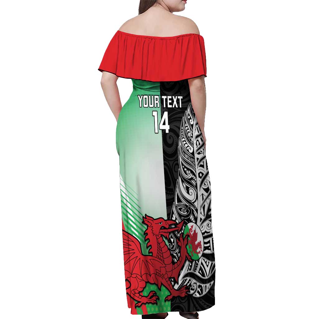 New Zealand and Wales Rugby Custom Off Shoulder Maxi Dress Aotearoa All Black Combine Welsh Dragon - Polynesian Pride