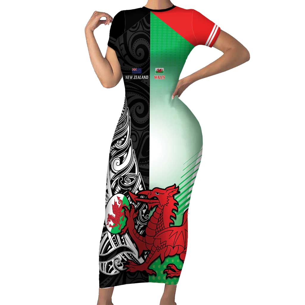 New Zealand and Wales Rugby Custom Short Sleeve Bodycon Dress Aotearoa All Black Combine Welsh Dragon - Polynesian Pride