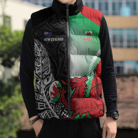 New Zealand and Wales Rugby Custom Sleeveless Puffer Jacket Aotearoa All Black Combine Welsh Dragon - Polynesian Pride