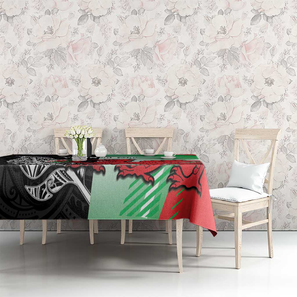 New Zealand and Wales Rugby Custom Tablecloth Aotearoa All Black Combine Welsh Dragon - Polynesian Pride