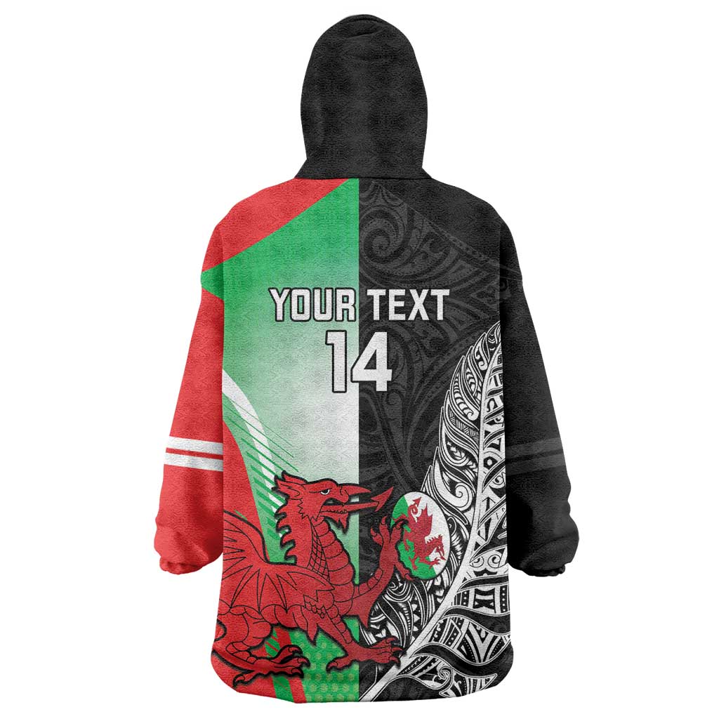 New Zealand and Wales Rugby Custom Wearable Blanket Hoodie Aotearoa All Black Combine Welsh Dragon - Polynesian Pride