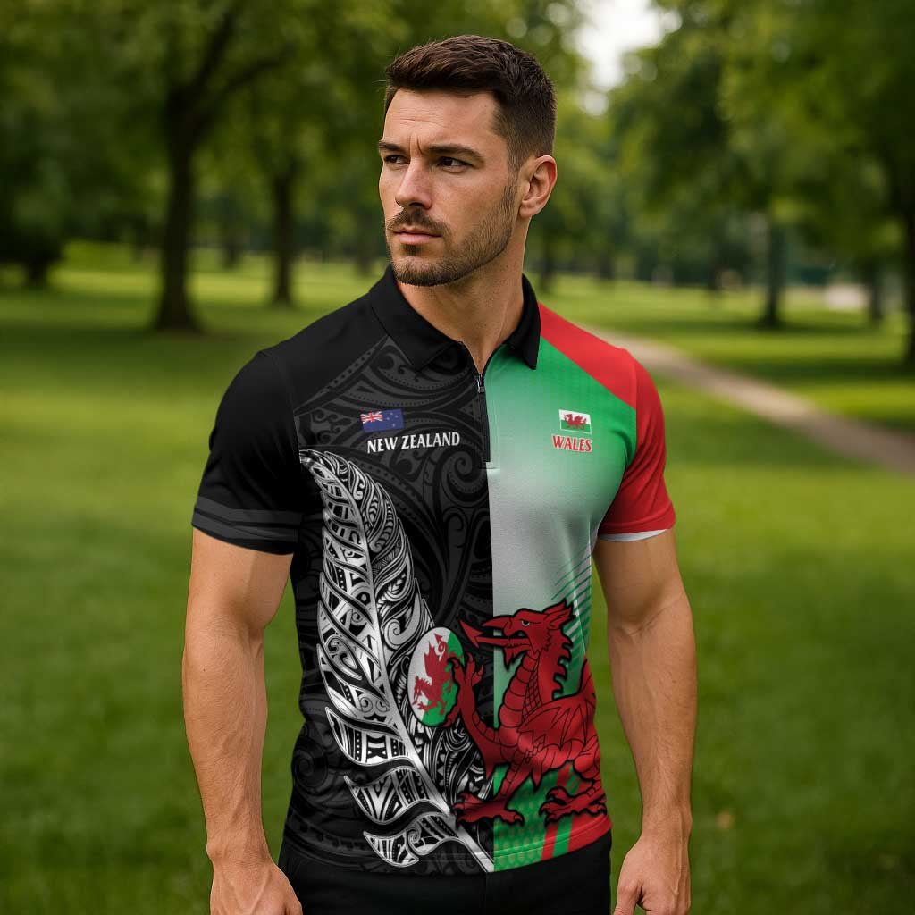 New Zealand and Wales Rugby Custom Zipper Polo Shirt Aotearoa All Black Combine Welsh Dragon - Polynesian Pride