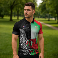 New Zealand and Wales Rugby Custom Zipper Polo Shirt Aotearoa All Black Combine Welsh Dragon - Polynesian Pride