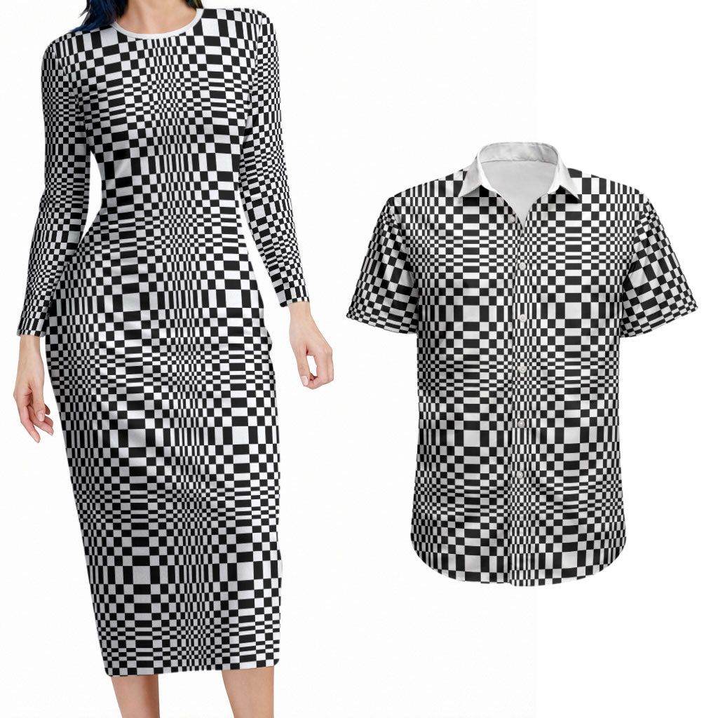 Black White Filipino Binakol Motifs Couples Matching Long Sleeve Bodycon Dress and Hawaiian Shirt Mabuhay Philippines Festival Kusikus Pattern