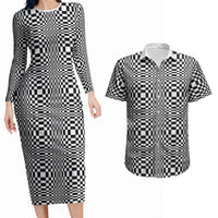 Black White Filipino Binakol Motifs Couples Matching Long Sleeve Bodycon Dress and Hawaiian Shirt Mabuhay Philippines Festival Kusikus Pattern