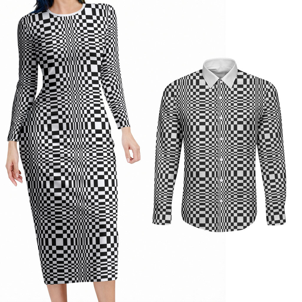 Black White Filipino Binakol Motifs Couples Matching Long Sleeve Bodycon Dress and Long Sleeve Button Shirt Mabuhay Philippines Festival Kusikus Pattern