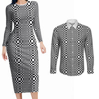 Black White Filipino Binakol Motifs Couples Matching Long Sleeve Bodycon Dress and Long Sleeve Button Shirt Mabuhay Philippines Festival Kusikus Pattern
