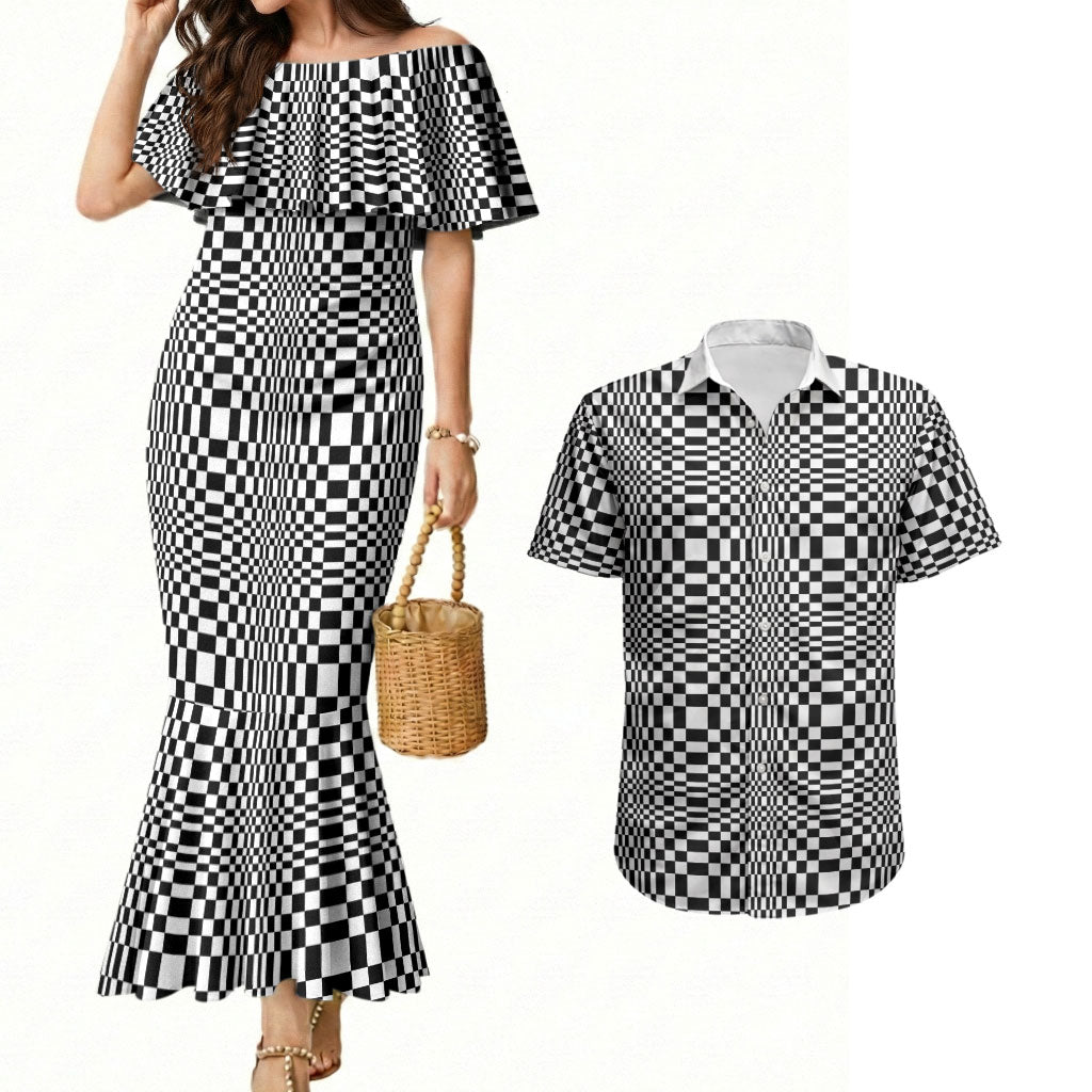 Black White Filipino Binakol Motifs Couples Matching Mermaid Dress and Hawaiian Shirt Mabuhay Philippines Festival Kusikus Pattern