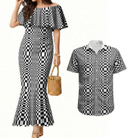 Black White Filipino Binakol Motifs Couples Matching Mermaid Dress and Hawaiian Shirt Mabuhay Philippines Festival Kusikus Pattern