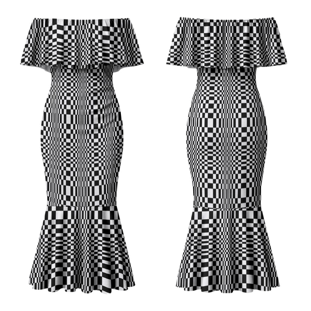 Black White Filipino Binakol Motifs Couples Matching Mermaid Dress and Long Sleeve Button Shirt Mabuhay Philippines Festival Kusikus Pattern
