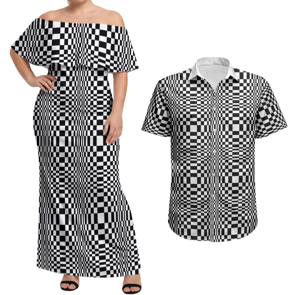 Black White Filipino Binakol Motifs Couples Matching Off Shoulder Maxi Dress and Hawaiian Shirt Mabuhay Philippines Festival Kusikus Pattern