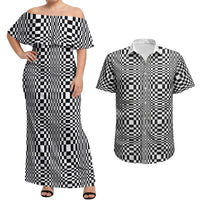 Black White Filipino Binakol Motifs Couples Matching Off Shoulder Maxi Dress and Hawaiian Shirt Mabuhay Philippines Festival Kusikus Pattern