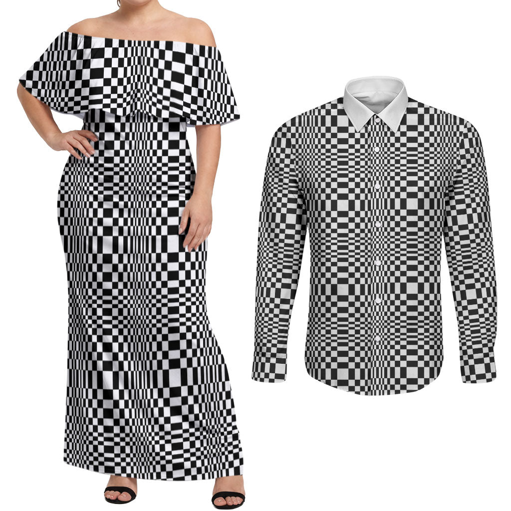 Black White Filipino Binakol Motifs Couples Matching Off Shoulder Maxi Dress and Long Sleeve Button Shirt Mabuhay Philippines Festival Kusikus Pattern