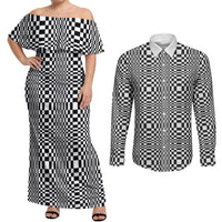 Black White Filipino Binakol Motifs Couples Matching Off Shoulder Maxi Dress and Long Sleeve Button Shirt Mabuhay Philippines Festival Kusikus Pattern