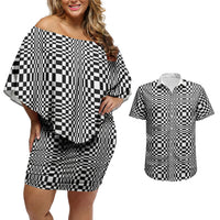 Black White Filipino Binakol Motifs Couples Matching Off Shoulder Short Dress and Hawaiian Shirt Mabuhay Philippines Festival Kusikus Pattern