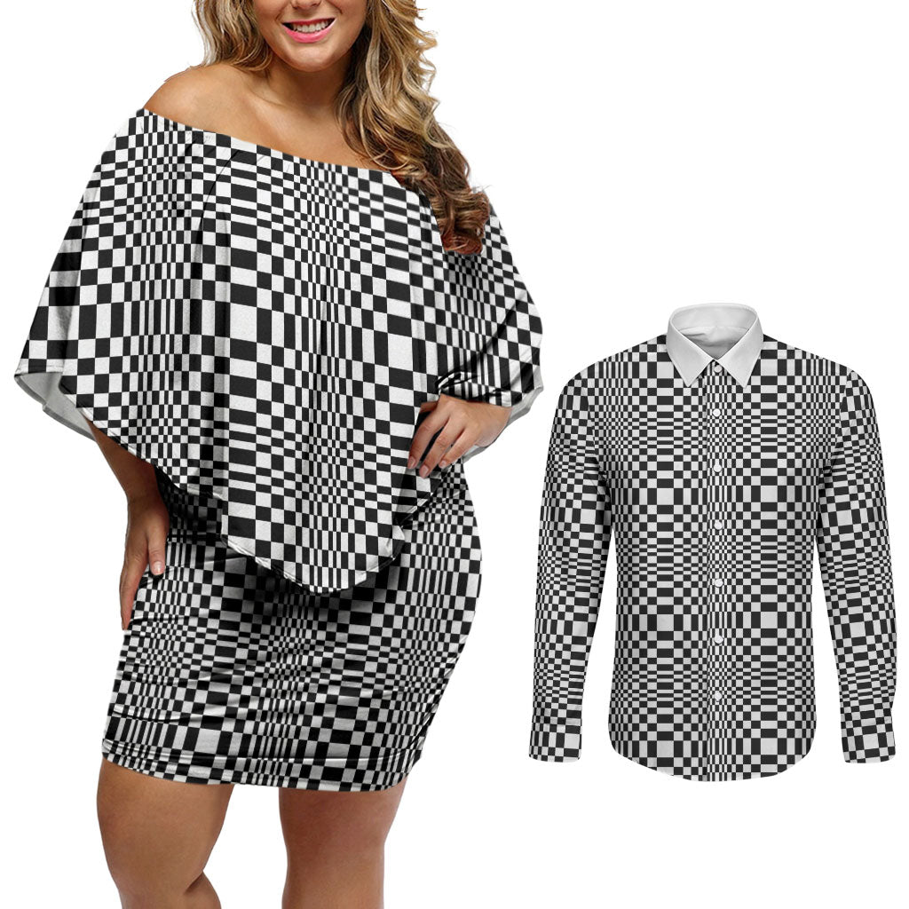 Black White Filipino Binakol Motifs Couples Matching Off Shoulder Short Dress and Long Sleeve Button Shirt Mabuhay Philippines Festival Kusikus Pattern