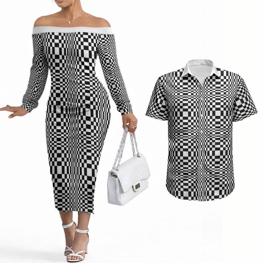Black White Filipino Binakol Motifs Couples Matching Off The Shoulder Long Sleeve Dress and Hawaiian Shirt Mabuhay Philippines Festival Kusikus Pattern