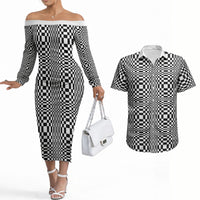 Black White Filipino Binakol Motifs Couples Matching Off The Shoulder Long Sleeve Dress and Hawaiian Shirt Mabuhay Philippines Festival Kusikus Pattern
